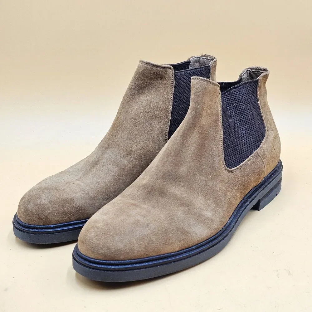 Mens Luxury Suede Chelsea Boots Taupe Brown Rugged Lug Sole Made In Italy Sz 45